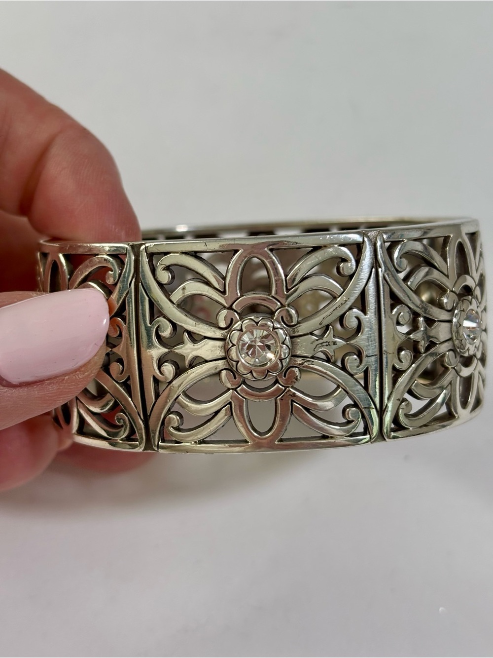 Vintage Brighton Contempo Scroll Filigree Hinged Cuff Silver Bracelet Rhinestone